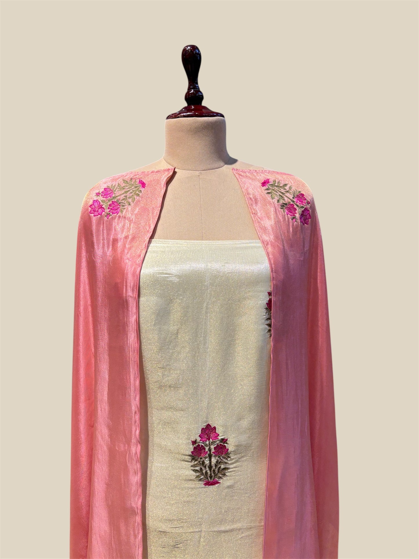 OFF-WHITE GOLD GEORGETTE TISSUE UNSTITCHED SUIT WITH MUGHAL EMBROIDERY & PEACH DUPATTA