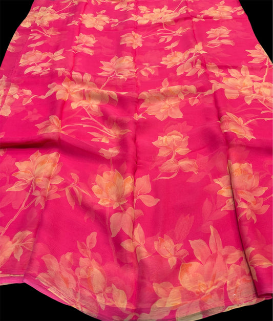 RASPBERRY SORBET COLOUR PRINTED CHIFFON SAREE WITH CREPE BLOUSE