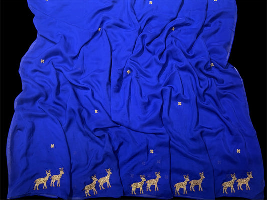 ROYAL BLUE PURE CREPE SAREE WITH HAND EMBROIDERED ZARDOZI MOTIFS