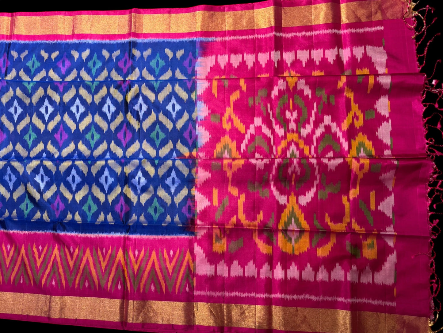 DHARMAVARAM IKAT PURE SILK SAREE IN ROYAL BLUE AND RANI PINK COMBINATION