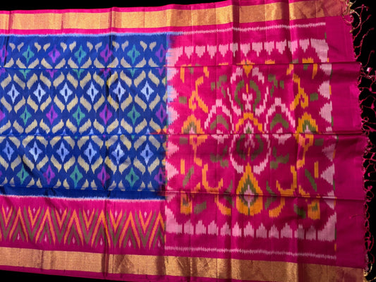DHARMAVARAM IKAT PURE SILK SAREE IN ROYAL BLUE AND RANI PINK COMBINATION