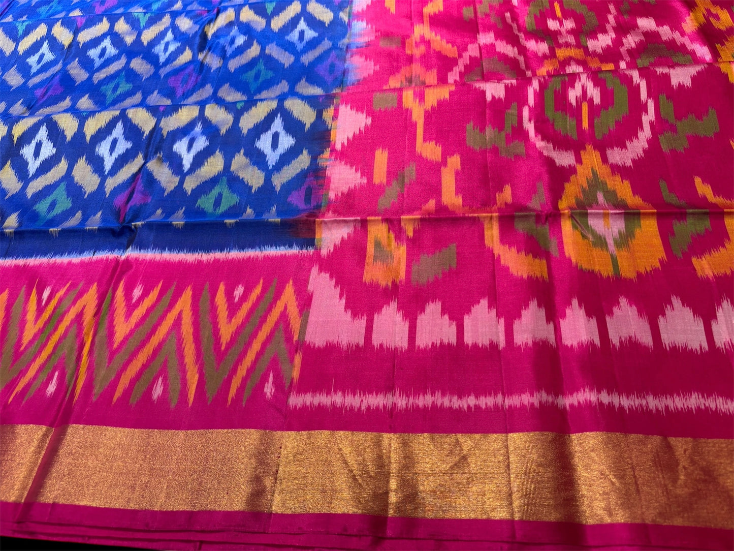DHARMAVARAM IKAT PURE SILK SAREE IN ROYAL BLUE AND RANI PINK COMBINATION