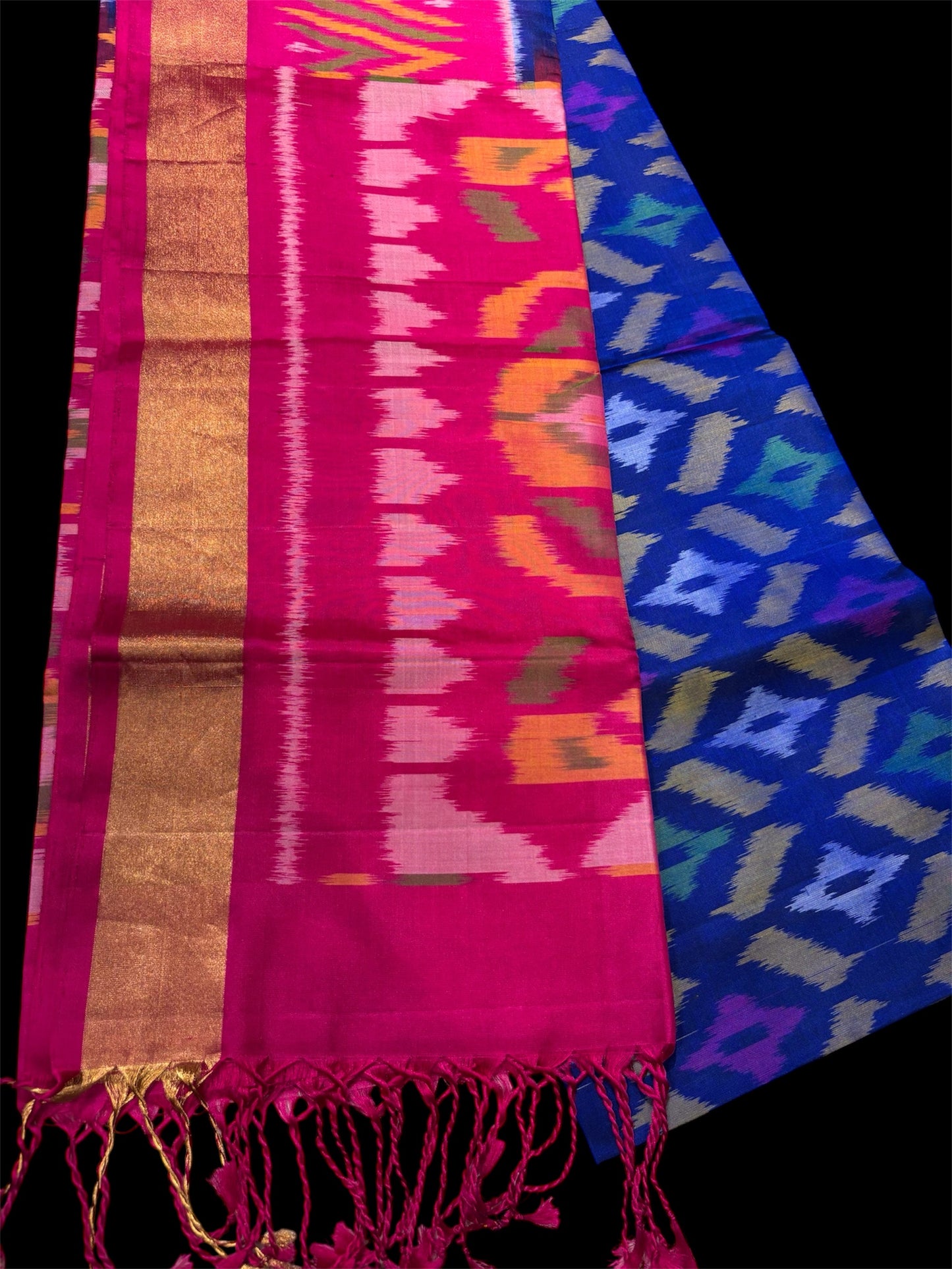 DHARMAVARAM IKAT PURE SILK SAREE IN ROYAL BLUE AND RANI PINK COMBINATION