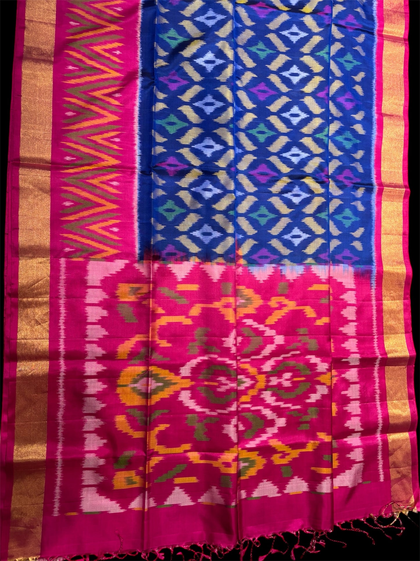 DHARMAVARAM IKAT PURE SILK SAREE IN ROYAL BLUE AND RANI PINK COMBINATION