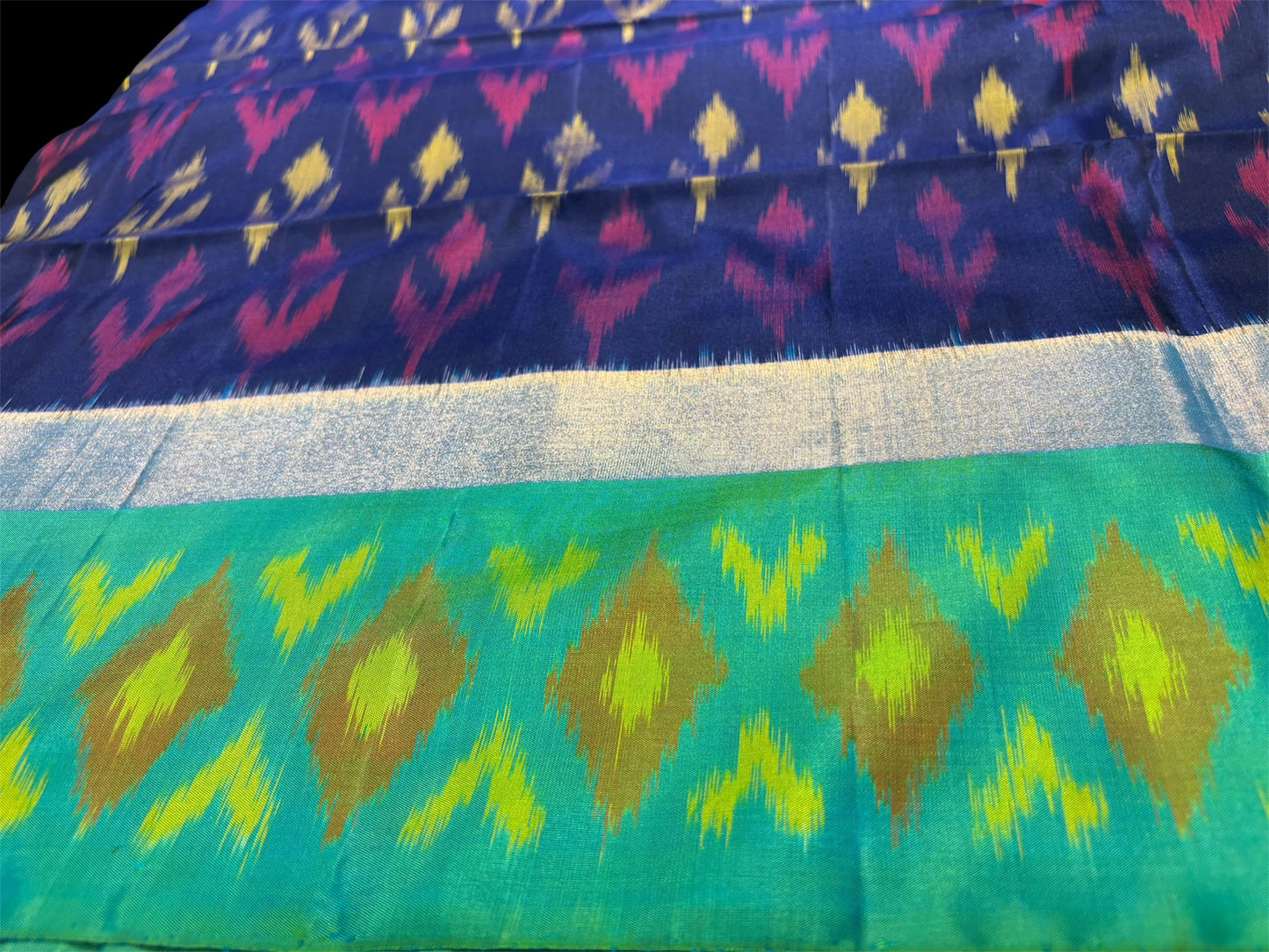 DHARMAVARAM IKAT PURE SILK SAREE IN NAVY BLUE AND SEA GREEN COMBINATION