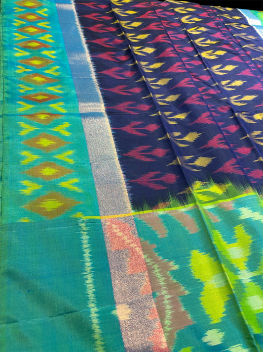 DHARMAVARAM IKAT PURE SILK SAREE IN NAVY BLUE AND SEA GREEN COMBINATION