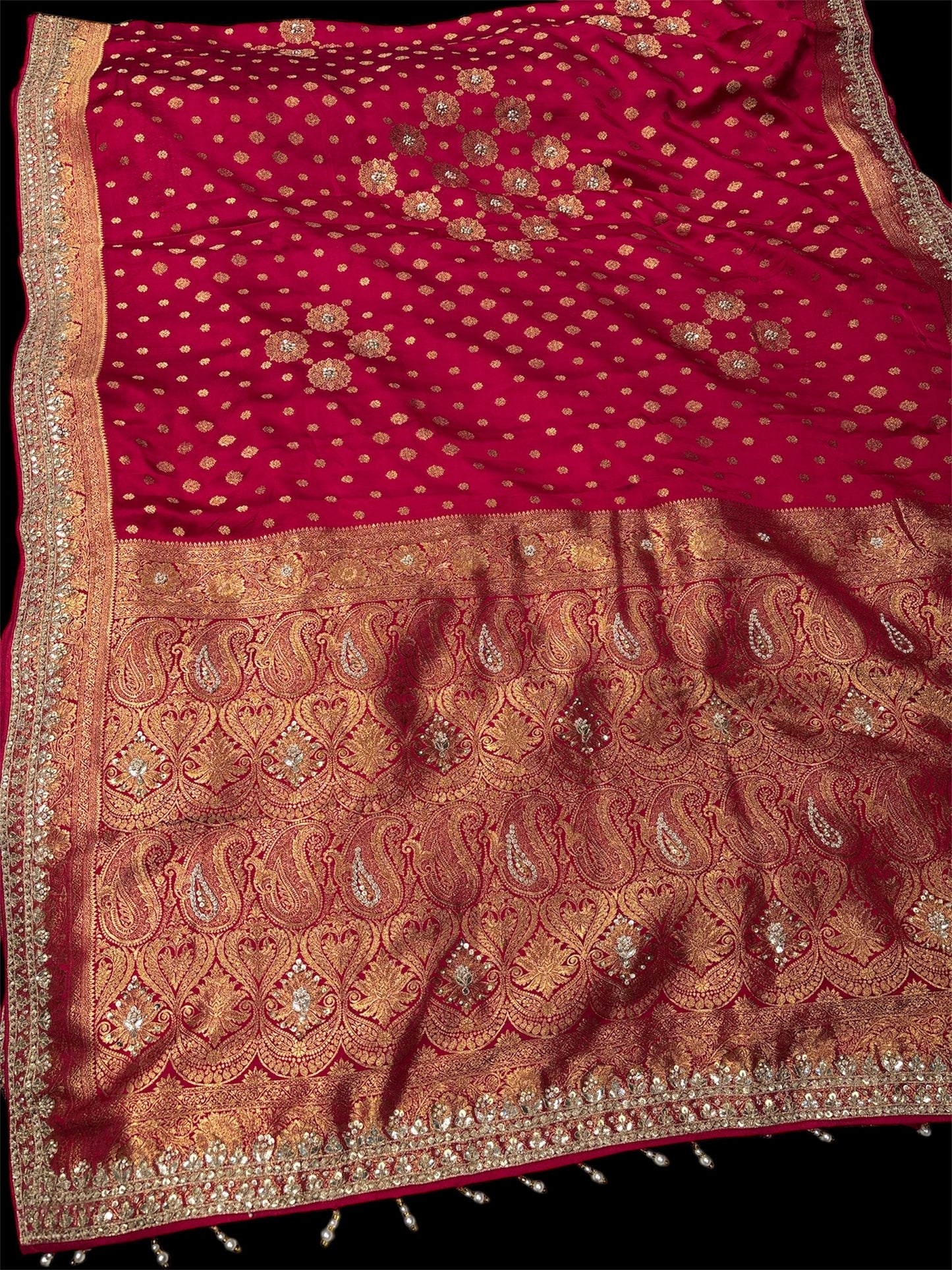 CHERRY RED PURE SATIN BANARASI SAREE WITH GOTA PATTI, DORI & PEARL WORK