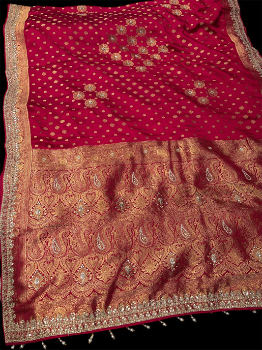 CHERRY RED PURE SATIN BANARASI SAREE WITH GOTA PATTI, DORI & PEARL WORK