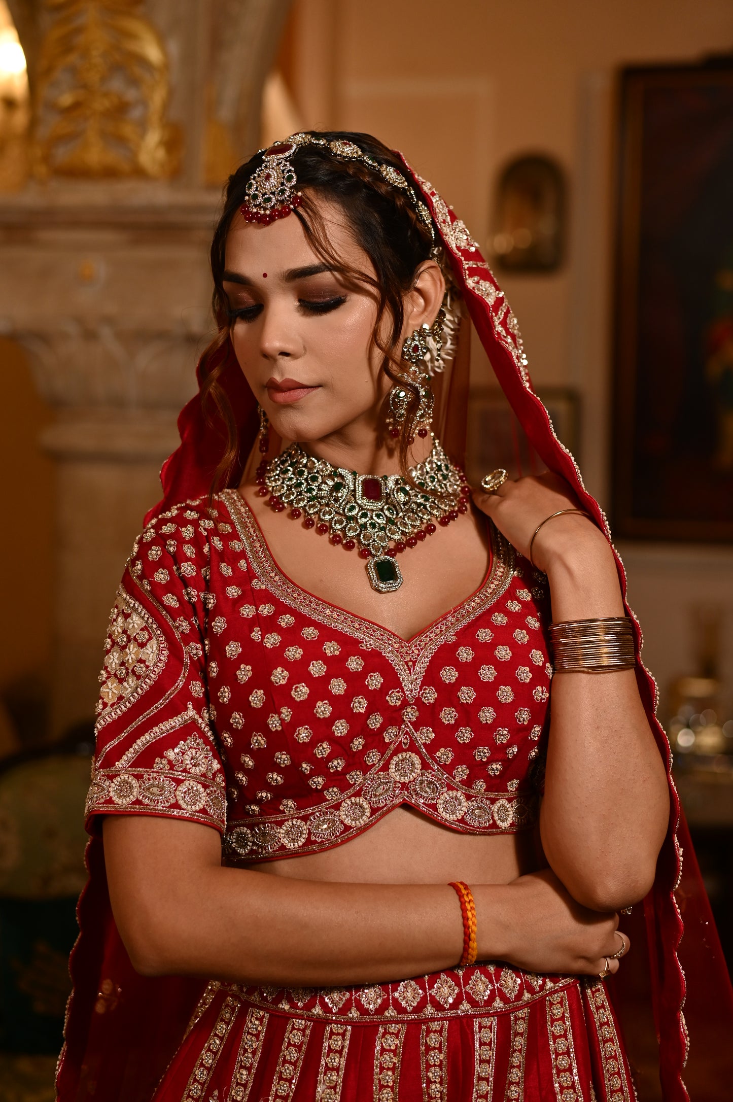 ( DELIVERY IN 40 DAYS ) MAROON COLOUR HAND EMBROIDERED BRIDAL RAW SILK LEHENGA WITH READYMADE BLOUSE EMBELLISHED WITH RESHAM & CUTDANA WORK