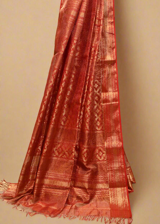RED TISSUE CHECKS HANDWOVEN MAHESHWARI SAREE (DELIVERY IN 20 DAYS)