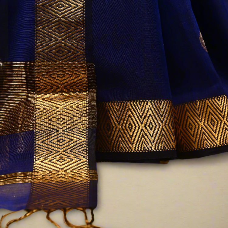 ROYAL BLUE HANDWOVEN MAHESHWARI SAREE WITH DRILL WEAVE BORDER