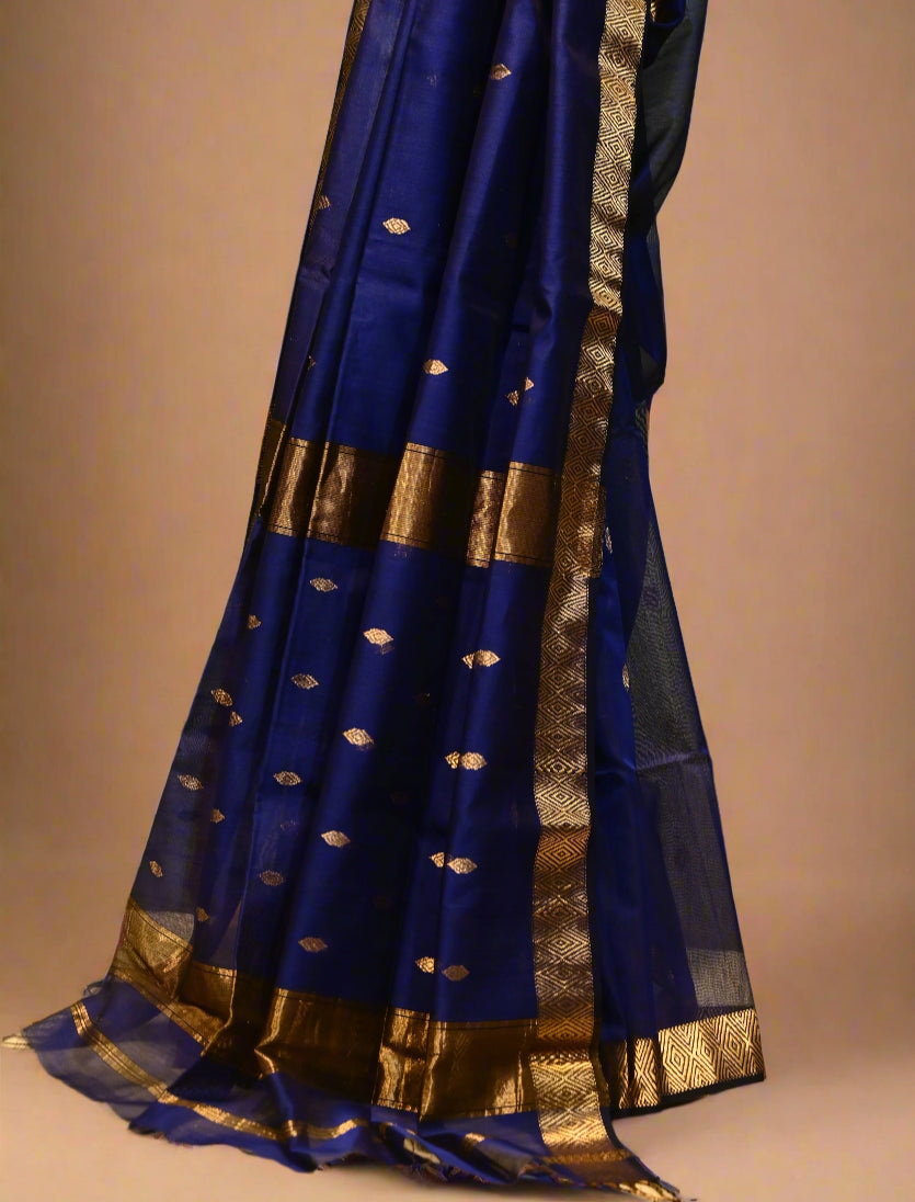 ROYAL BLUE HANDWOVEN MAHESHWARI SAREE WITH DRILL WEAVE BORDER