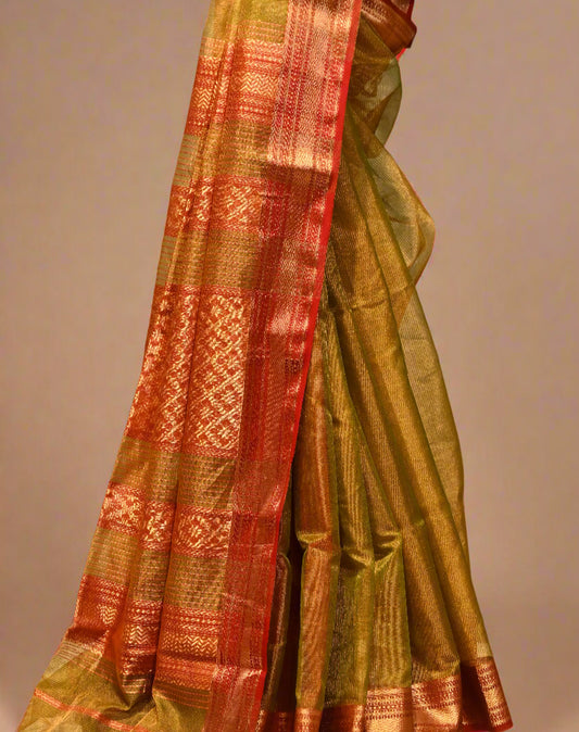 MEHENDI COLOUR HANDWOVEN MAHESHWARI TISSUE SAREE WITH RED CONTRAST BORDER, PALLA & BLOUSE