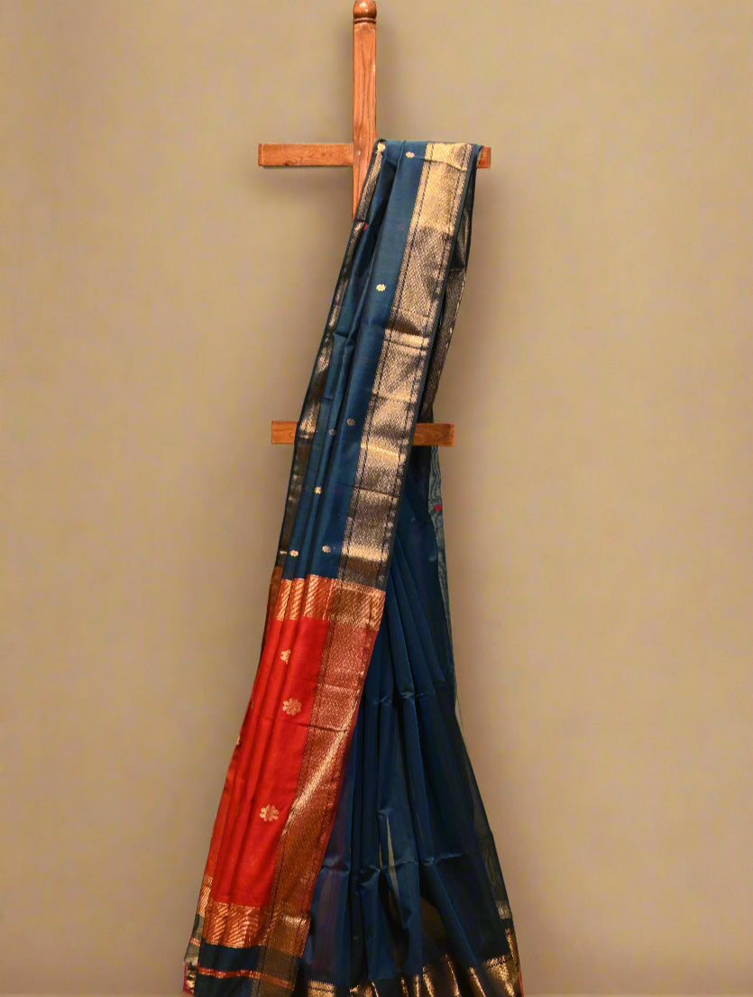(Deliver in 15 days) NAVY BLUE HANDWOVEN MAHESHWARI SAREE WITH RED CONTRAST PALLA AND BLOUSE