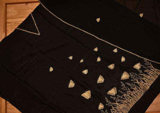 BLACK BUTTERFLY-THEMED UNSTITCHED SUIT SET WITH ORGANZA DUPATTA