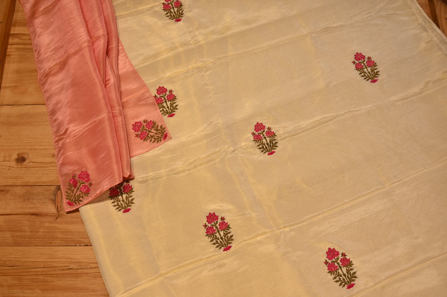 OFF-WHITE GOLD GEORGETTE TISSUE UNSTITCHED SUIT WITH MUGHAL EMBROIDERY & PEACH DUPATTA