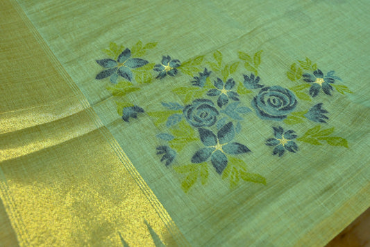 PALE SEA GREEN JAMDANI SAREE WITH CONTRAST BLOUSE