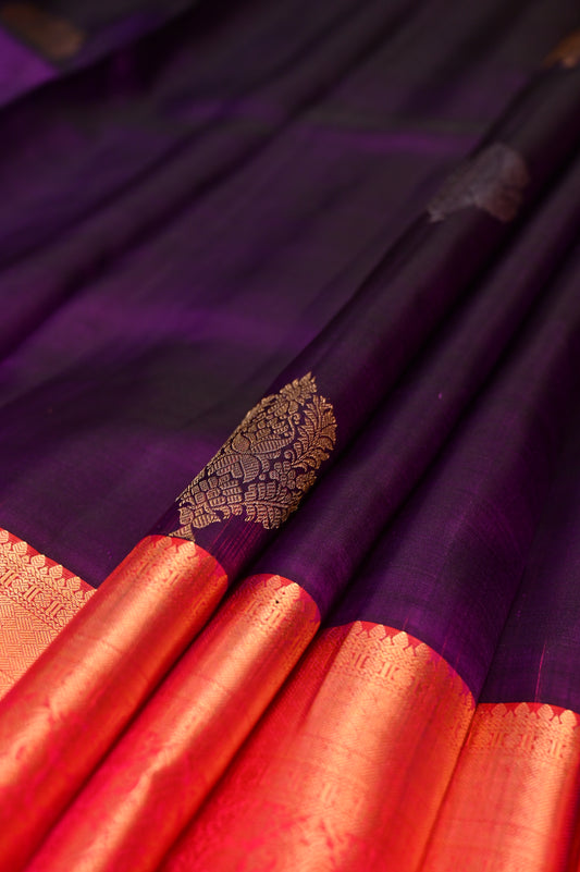 ROYAL PURPLE PURE KANJIVARAM SILK SAREE WITH GOLD & SILVER ZARI BOOTIES, CONTRAST BRIGHT RED PALLU & BLOUSE
