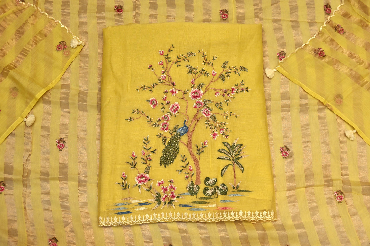 BUTTER YELLOW CHANDERI RESHAM EMBROIDERED UNSTITCHED SUIT SET WITH GOLD STRIPED DUPATTA & MATCHING BOTTOMS