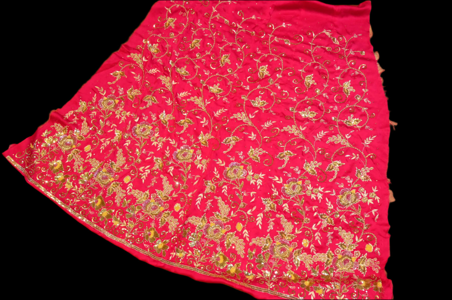 (DELIVERY IN 30 DAYS) RANI PINK PURE SATIN SILK POSHAK WITH HAND EMBROIDERED ZARDOZI, SEQUINS & AARI WORK, PAIRED WITH CHIFFON DUPATTA