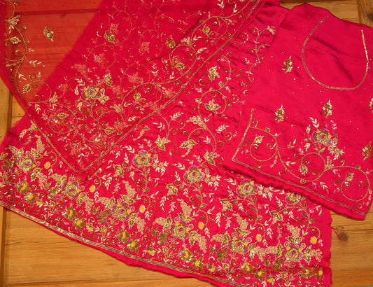 RANI PINK PURE SATIN SILK POSHAK WITH HAND EMBROIDERED ZARDOZI, SEQUINS & AARI WORK, PAIRED WITH CHIFFON DUPATTA (DELIVERY IN 30 DAYS)