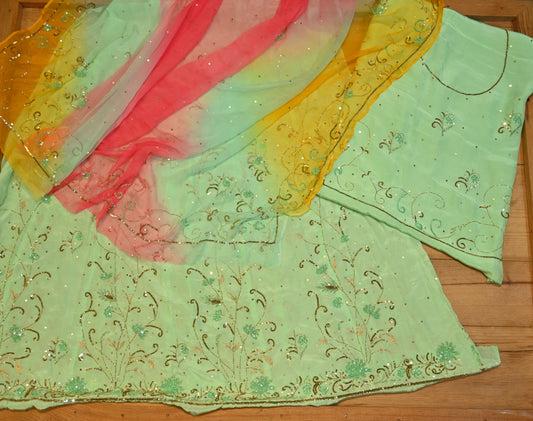 AQUA PURE SATIN POSHAK WITH HAND EMBROIDERED SEQUINS & AARI WORK, PAIRED WITH OMBRÉ DYED CHIFFON DUPATTA (DELIVERY IN 30 DAYS)