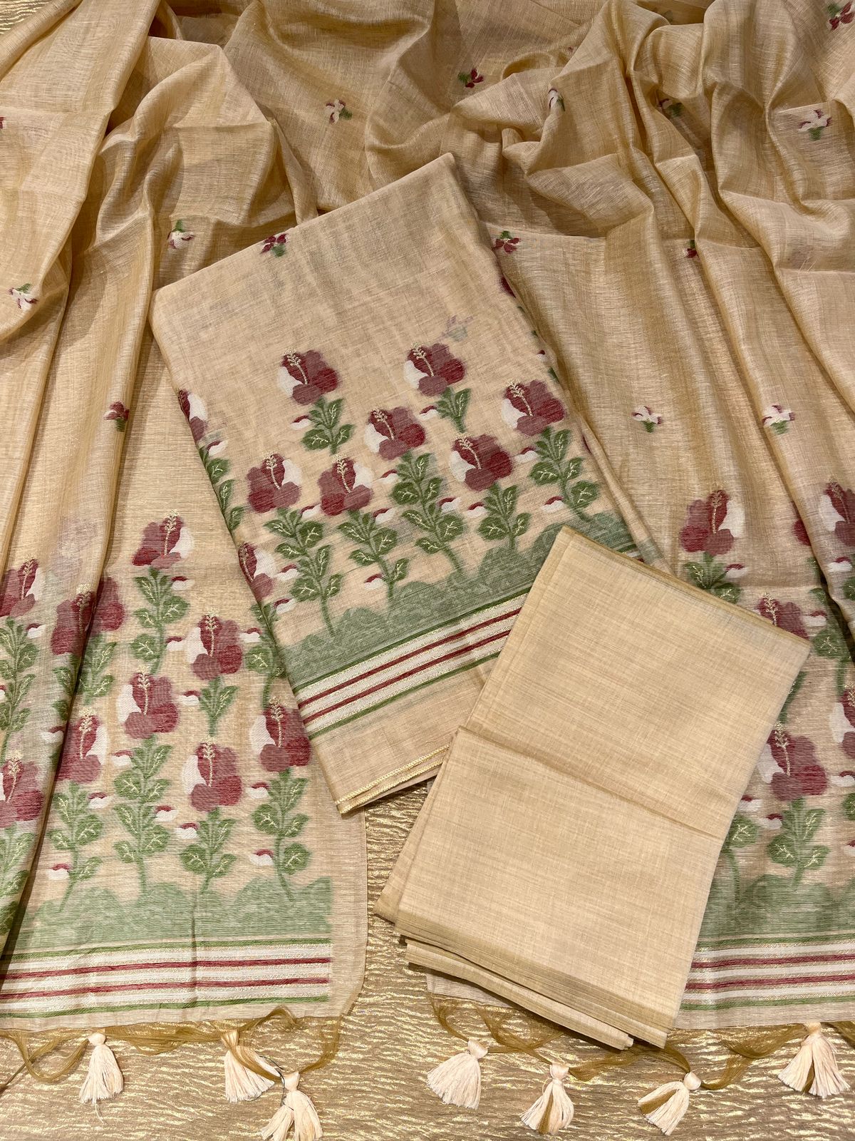 CREAM TANT DHAKAI JAMDANI UNSTITCHED SUIT SET (3-piece)