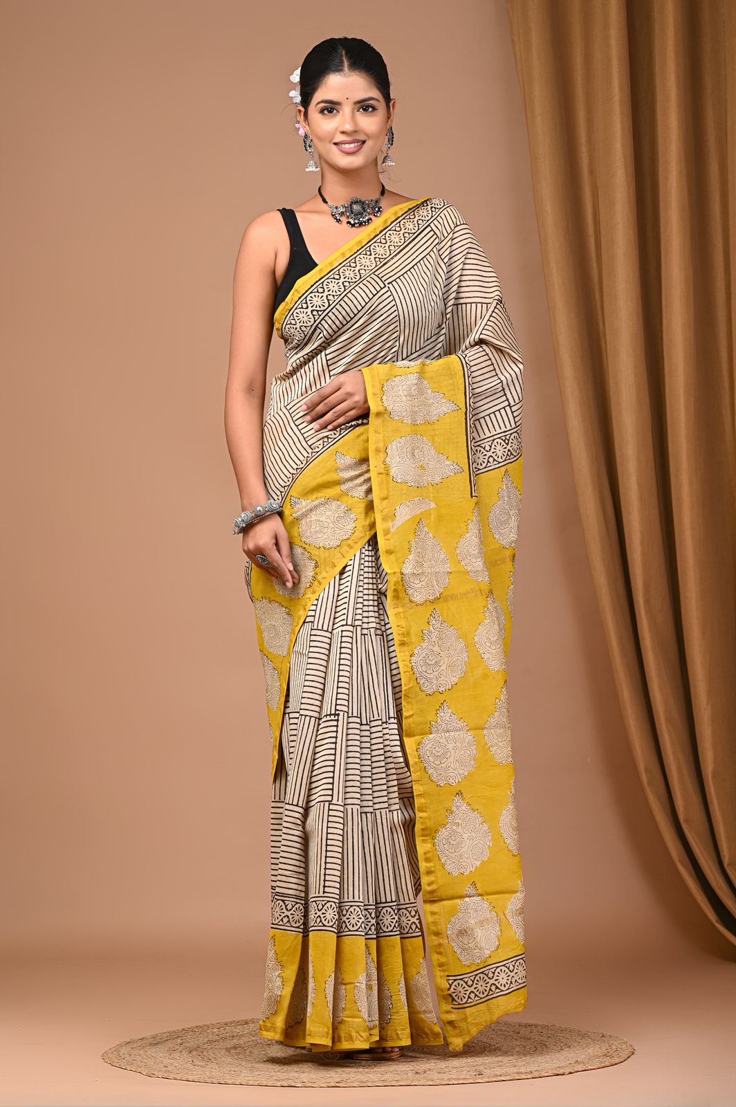 COTTON MAHESHWARI AJRAKH PRINT SAREE