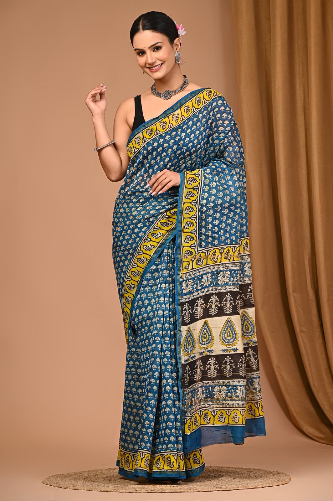 BLUE COTTON MAHESHWARI BLOCK PRINT SAREE