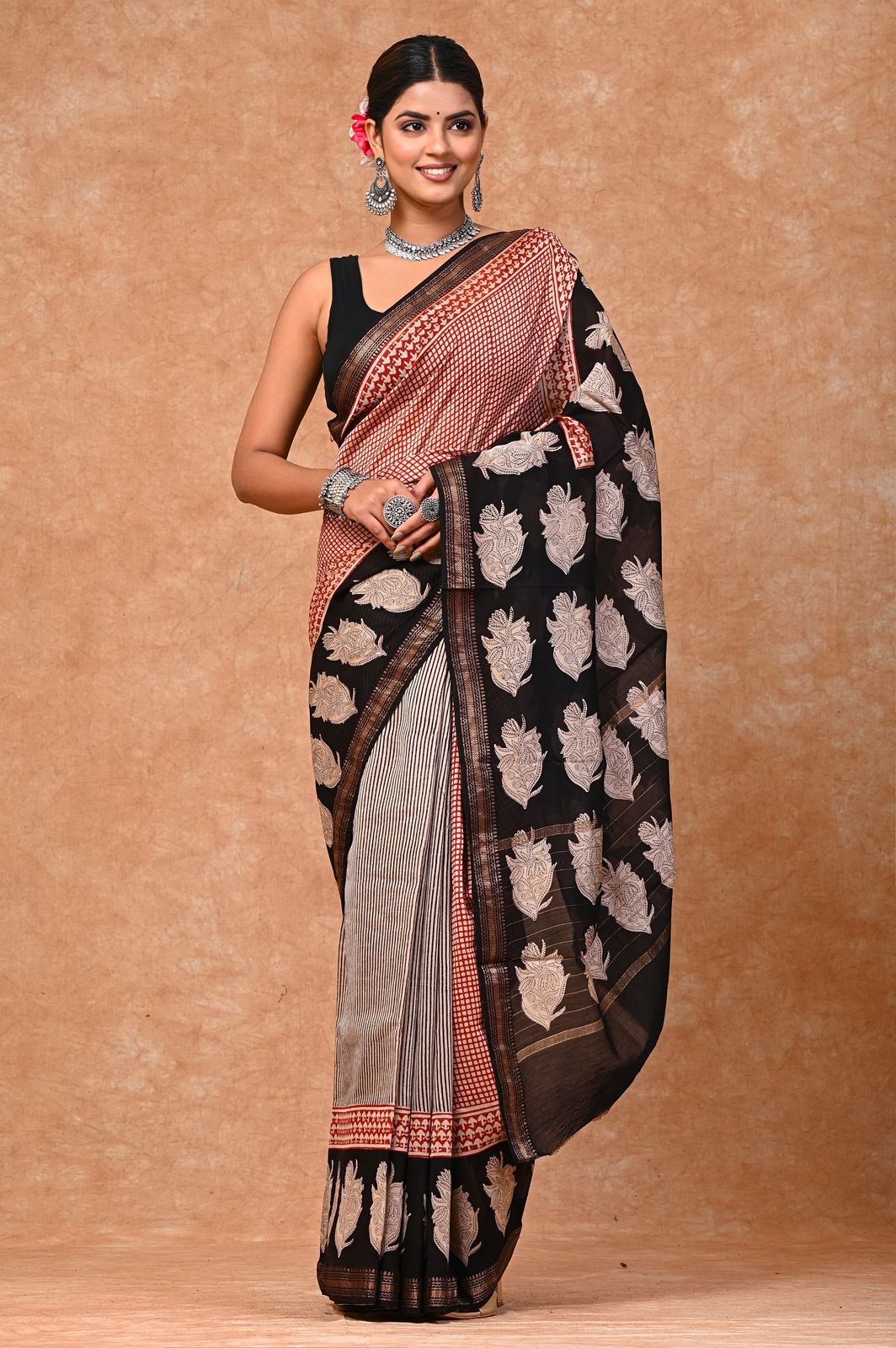 COTTON MAHESHWARI AJRAKH PRINTED SAREE