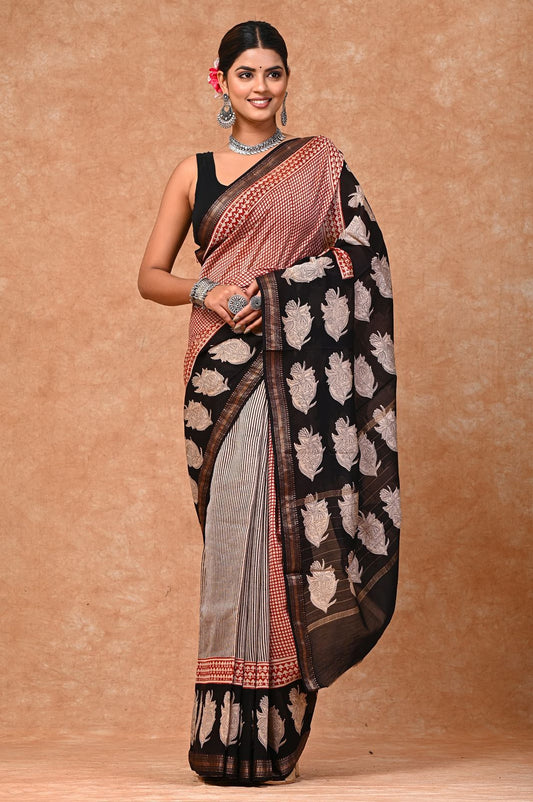 COTTON MAHESHWARI AJRAKH PRINTED SAREE