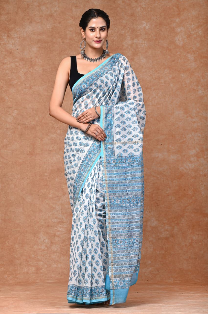 WHITE BLOCK PRINTED, MAHESHWARI SAREE