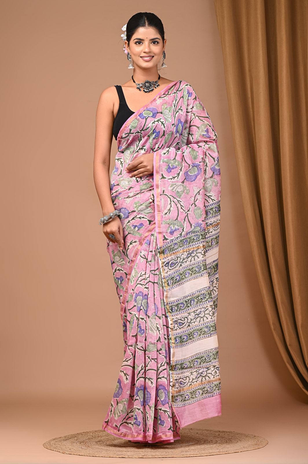 PINK SCREEN COTTON MAHESHWARI PRINTED SAREE