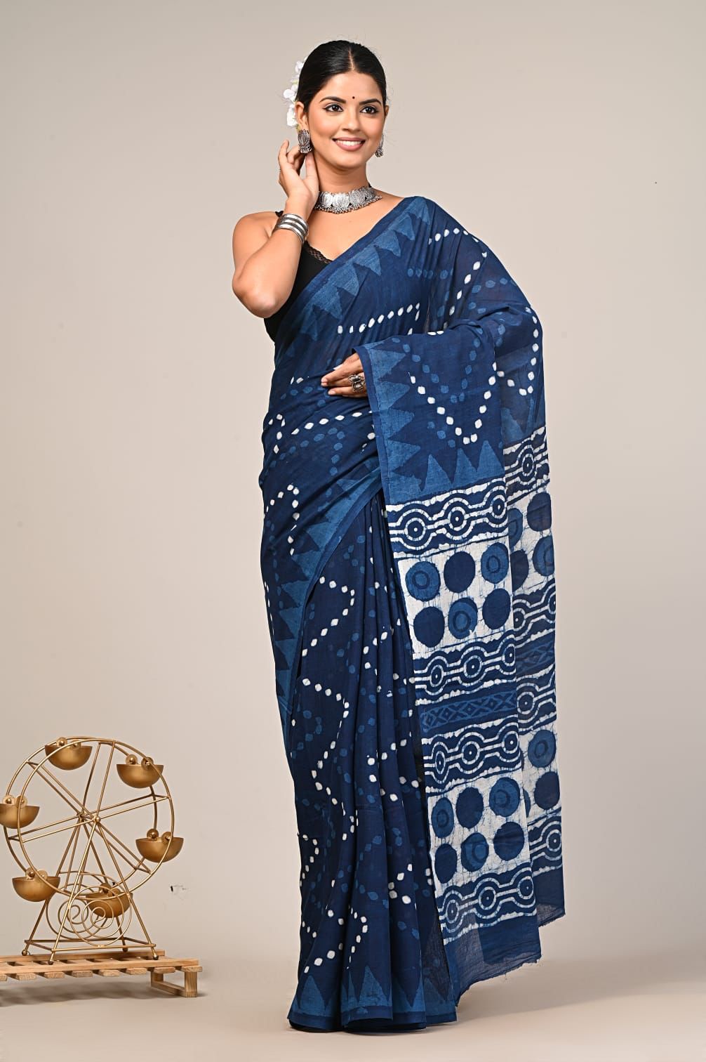 COTTON INDIGO BLOCK PRINTED SAREE