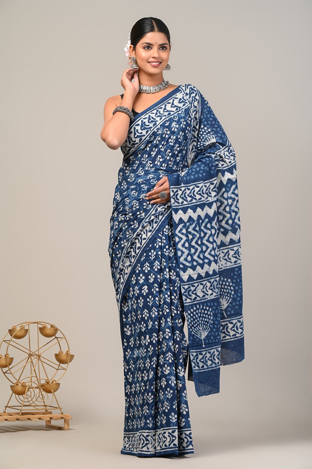 COTTON INDIGO BLOCK PRINTED SAREE