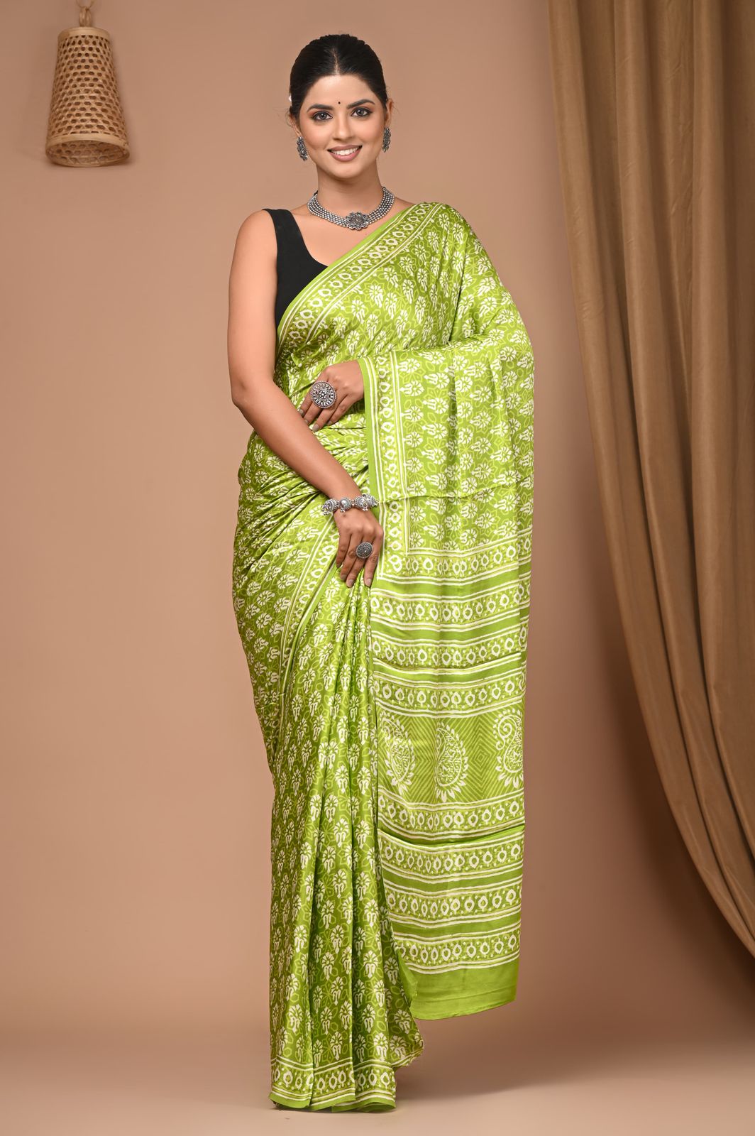 LIME GREEN COLOUR MODAL SATIN BLOCK PRINT SAREE