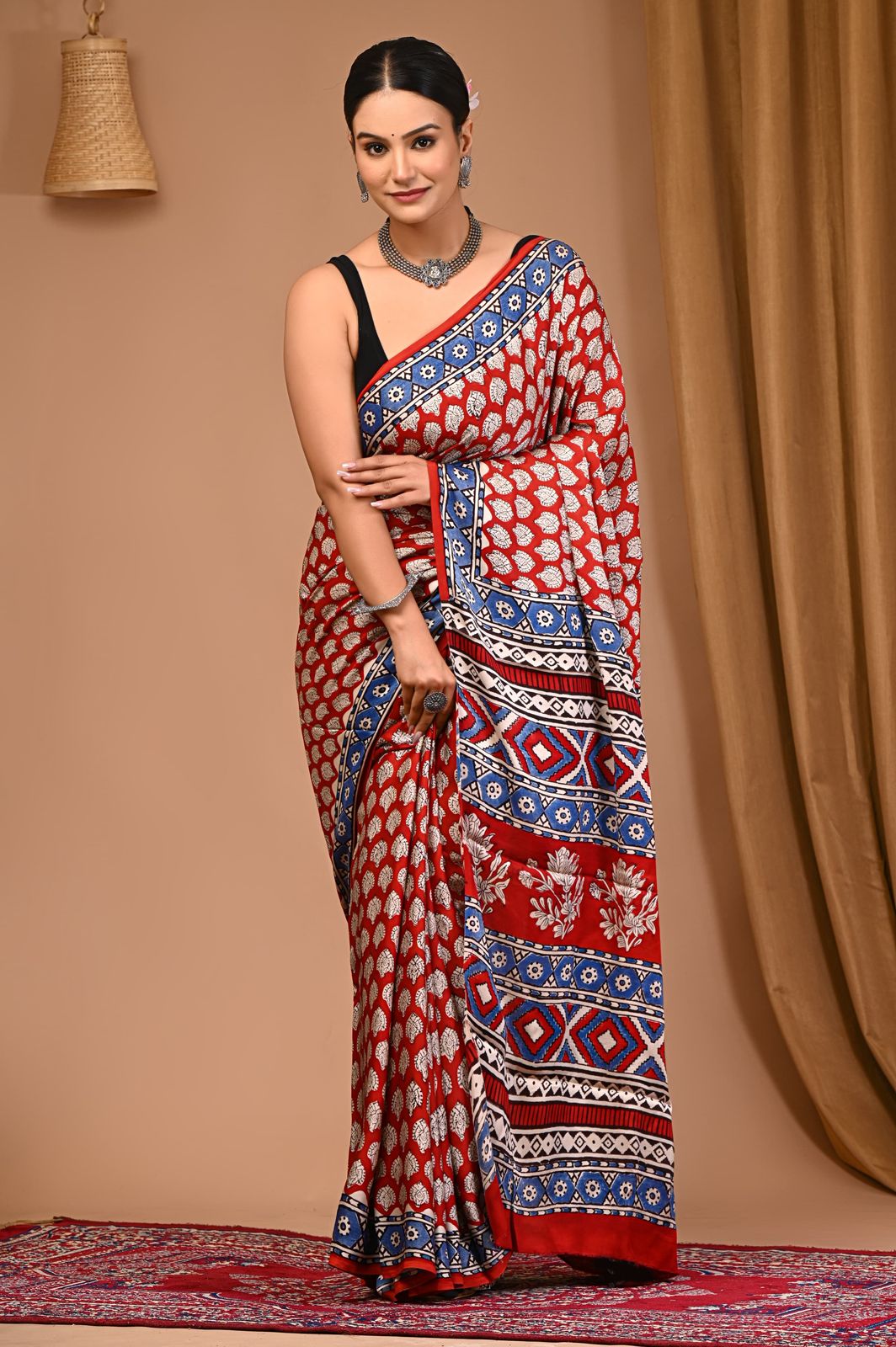 MAROON & BLUE COLOUR MODAL SATIN BLOCK PRINT SAREE