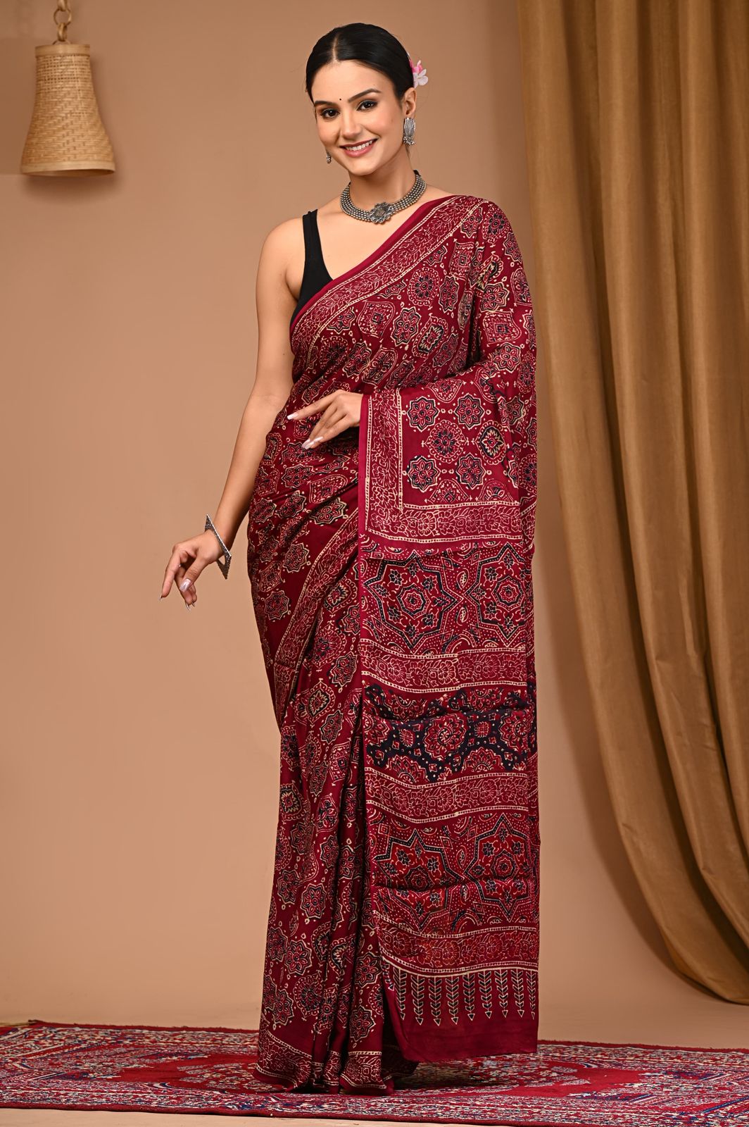 RICH MAROON COLOUR MODAL SATIN AJRAKH PRINT SAREE