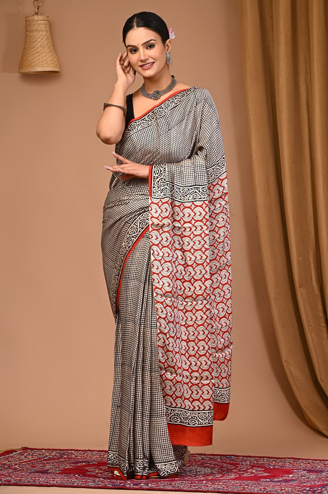 CREAM, BLACK & RUST RED COLOR MODAL SATIN AJRAKH PRINT SAREE