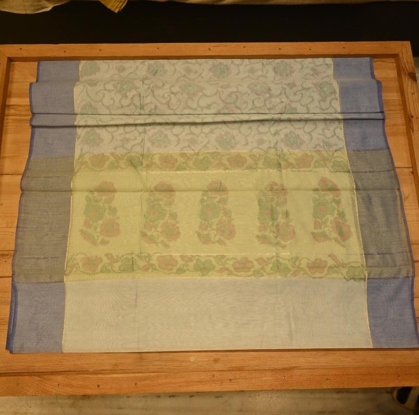 DUSTY AQUA BLUE COLOUR POWERLOOM CHANDERI SAREE WITH IKAT WEAVE PATTERN AND CONTRAST BORDER