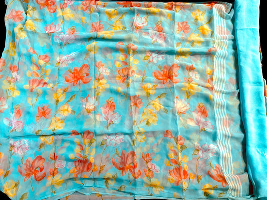 TURQUOISE COLOUR FLORAL PRINTED CHIFFON SAREE WITH PLAIN CREPE BLOUSE
