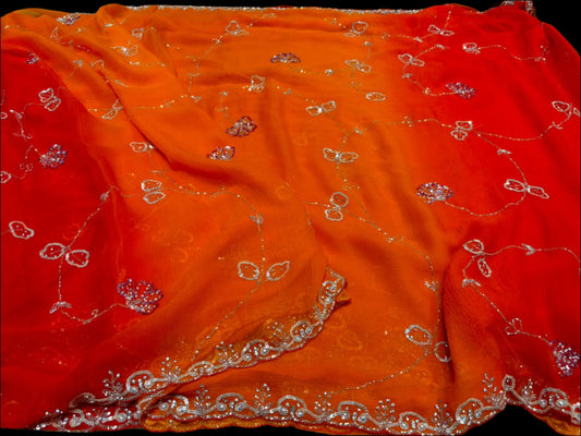 RED-ORANGE SHADED CHIFFON SAREE WITH SEQUINS & CUTDANA EMBROIDERED JAAL