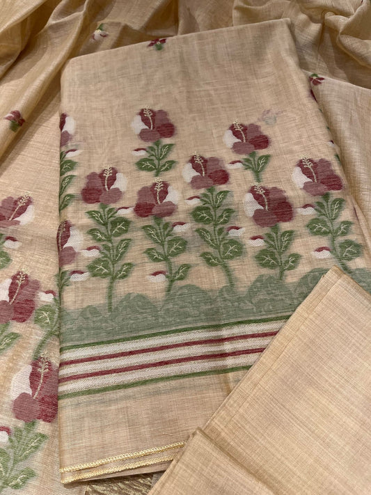 CREAM TANT DHAKAI JAMDANI UNSTITCHED SUIT SET (3-piece)