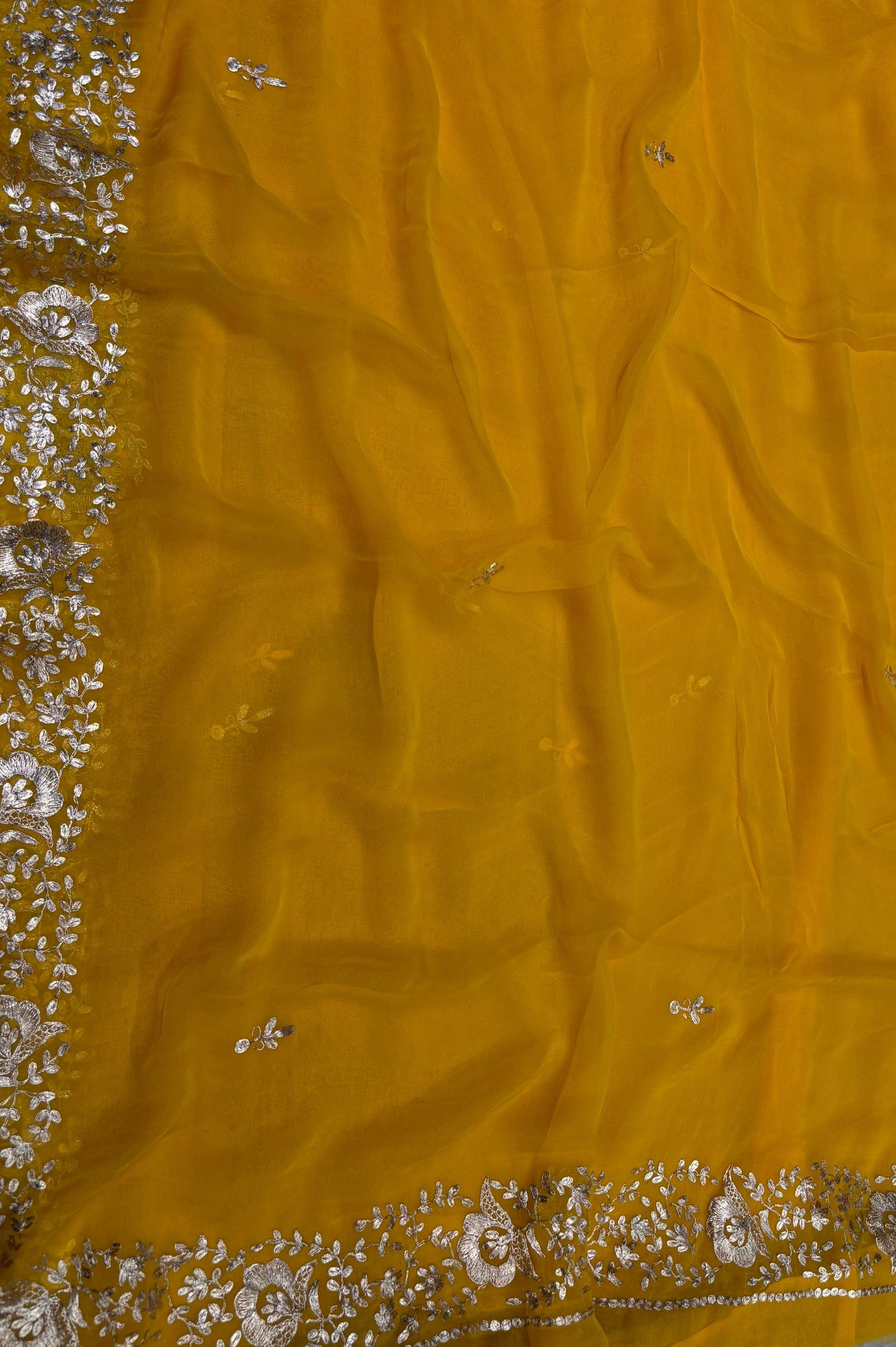 YELLOW ORGANZA CHIFFON PITTA WORK BORDER SAREE WITH CHINON BLOUSE EMBROIDERED SLEEVES