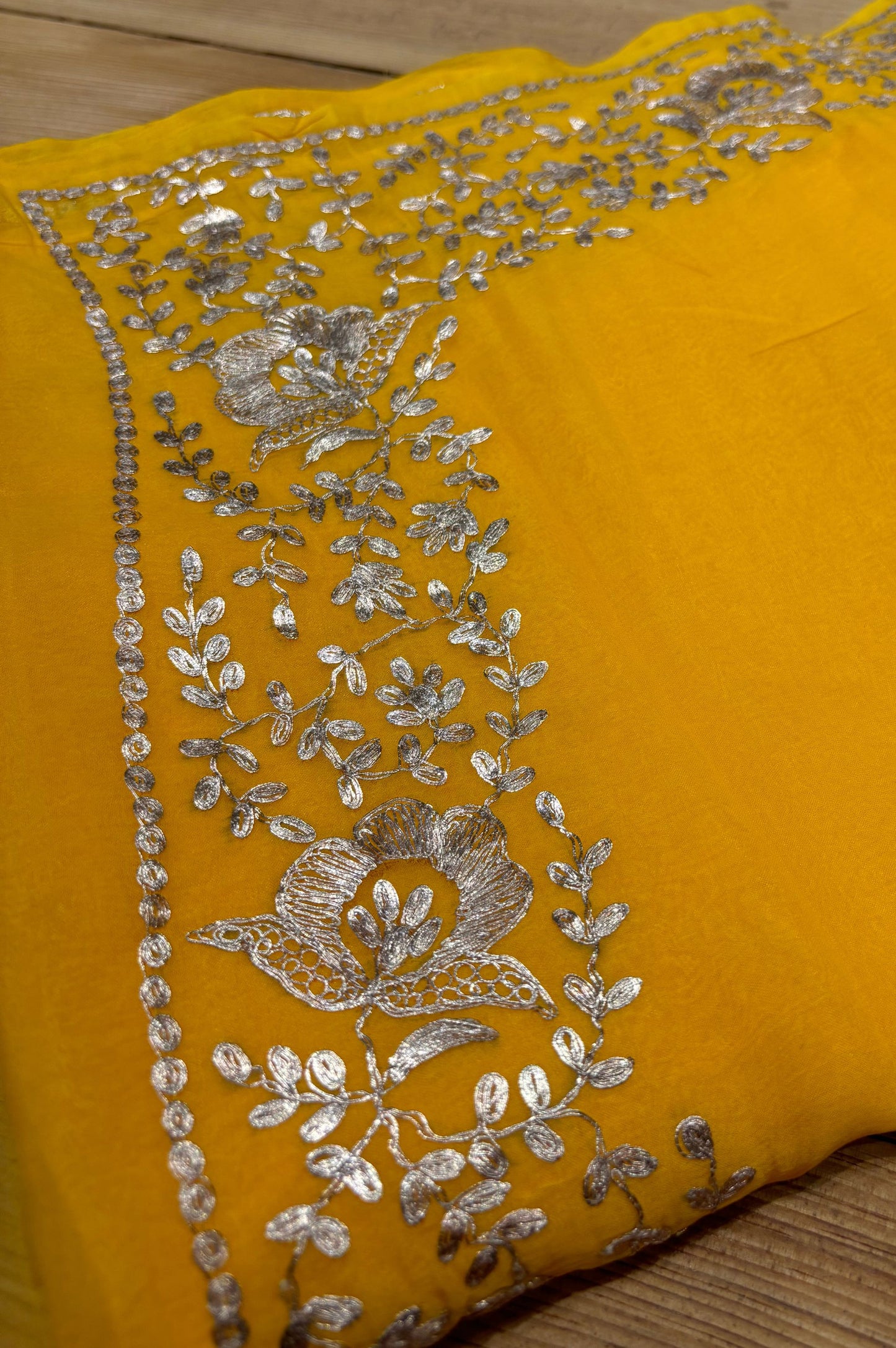 YELLOW ORGANZA CHIFFON PITTA WORK BORDER SAREE WITH CHINON BLOUSE EMBROIDERED SLEEVES