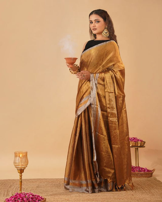 ANTIQUE GOLDEN CHANDERI SAREE WITH SILVER BORDER