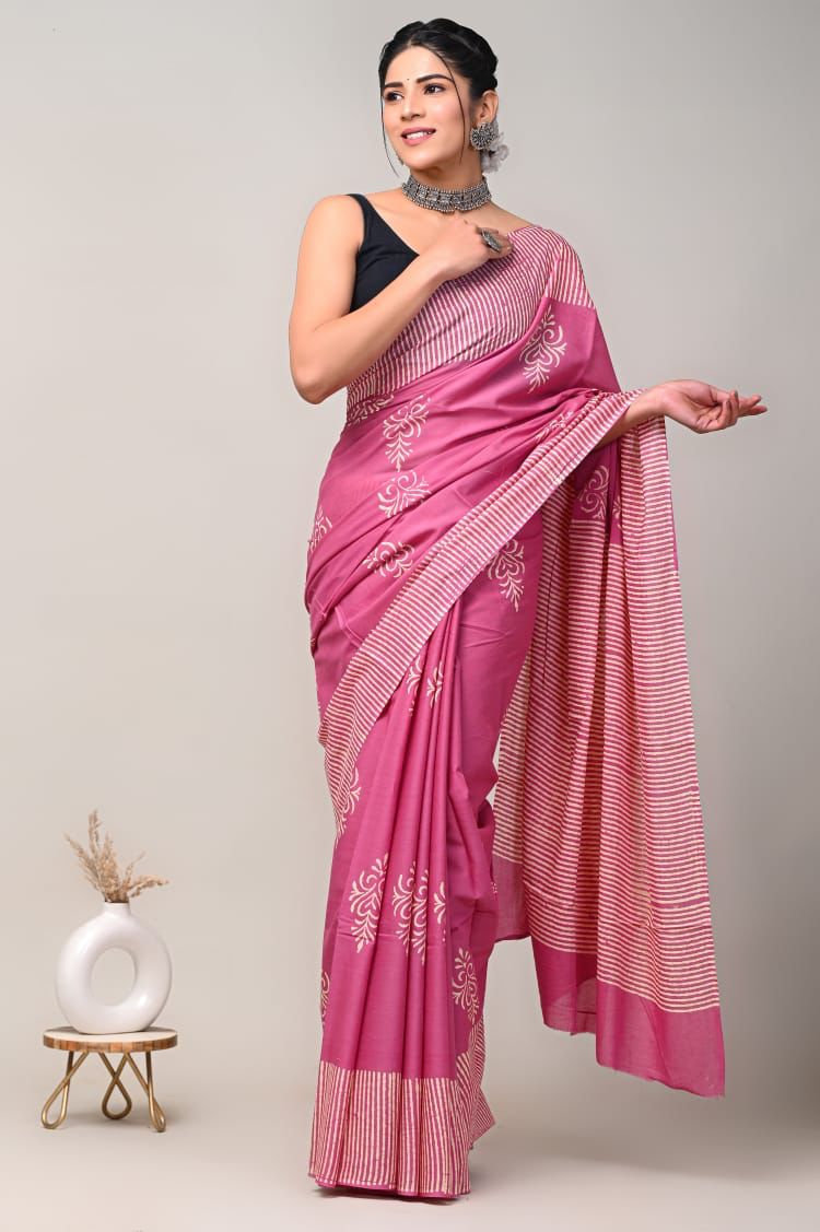 PINK COLOUR COTTON PRINTED SAREE