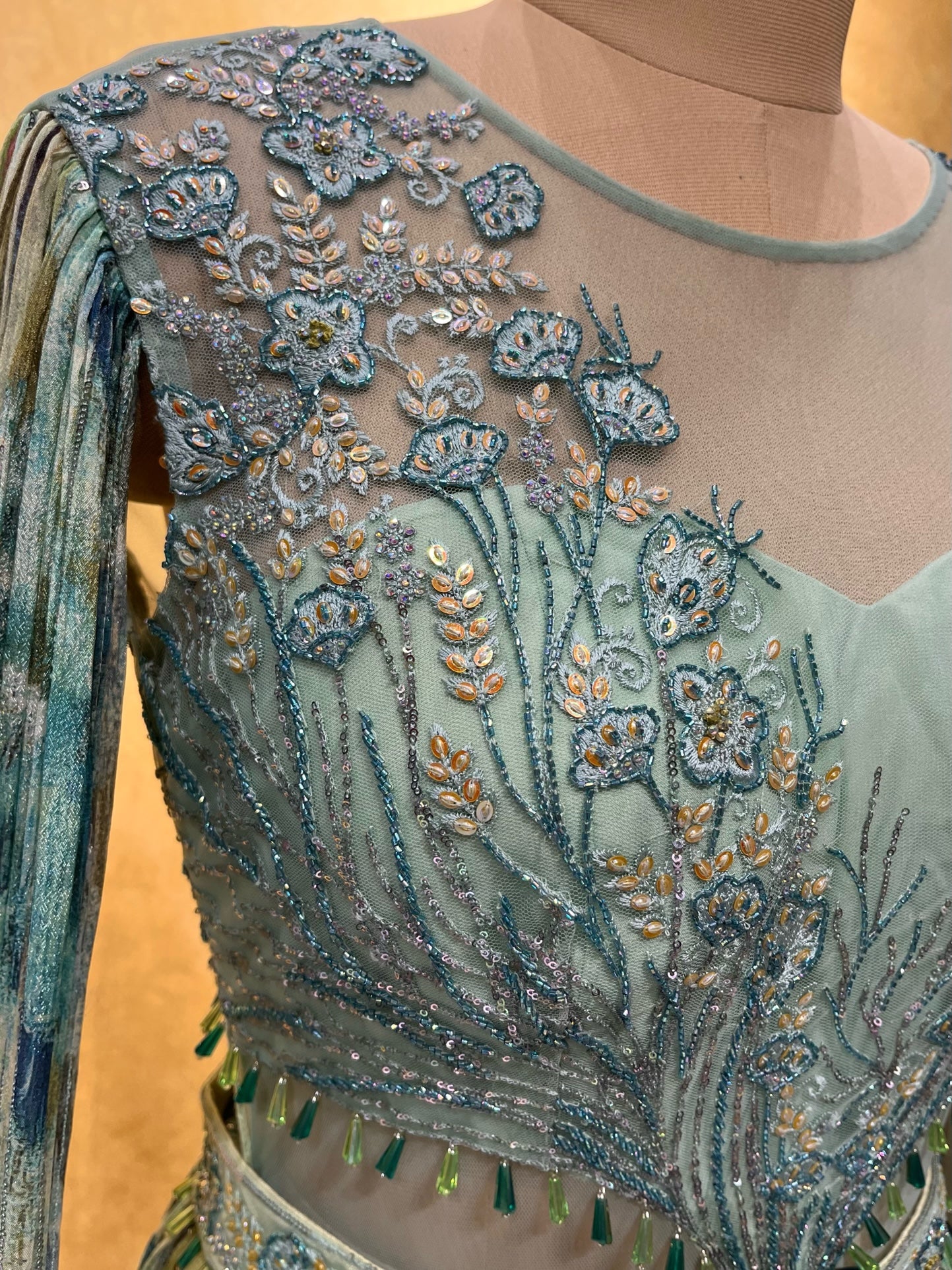 GREEN COLOUR CHINON EMBROIDERED GOWN EMBELLISHED WITH CUTDANA, SEQUINS & RESHAM WORK