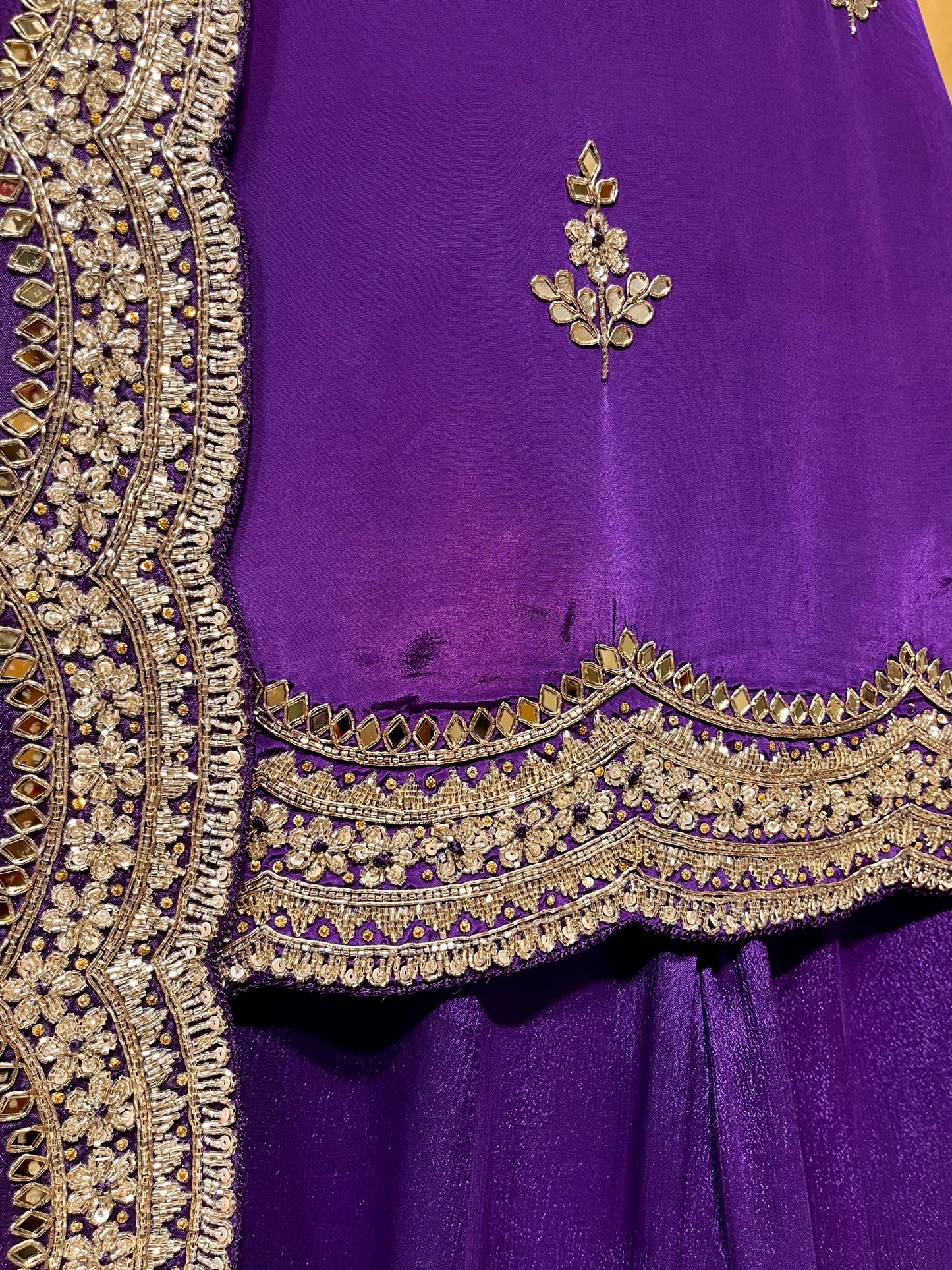 PURPLE COLOUR CHINON PALAZO WITH HAND EMBROIDERED CREPE SILK KURTA FOR WOMEN EMBELLISHED WITH CUTDANA, SEQUINS & ZARDOZI WORK