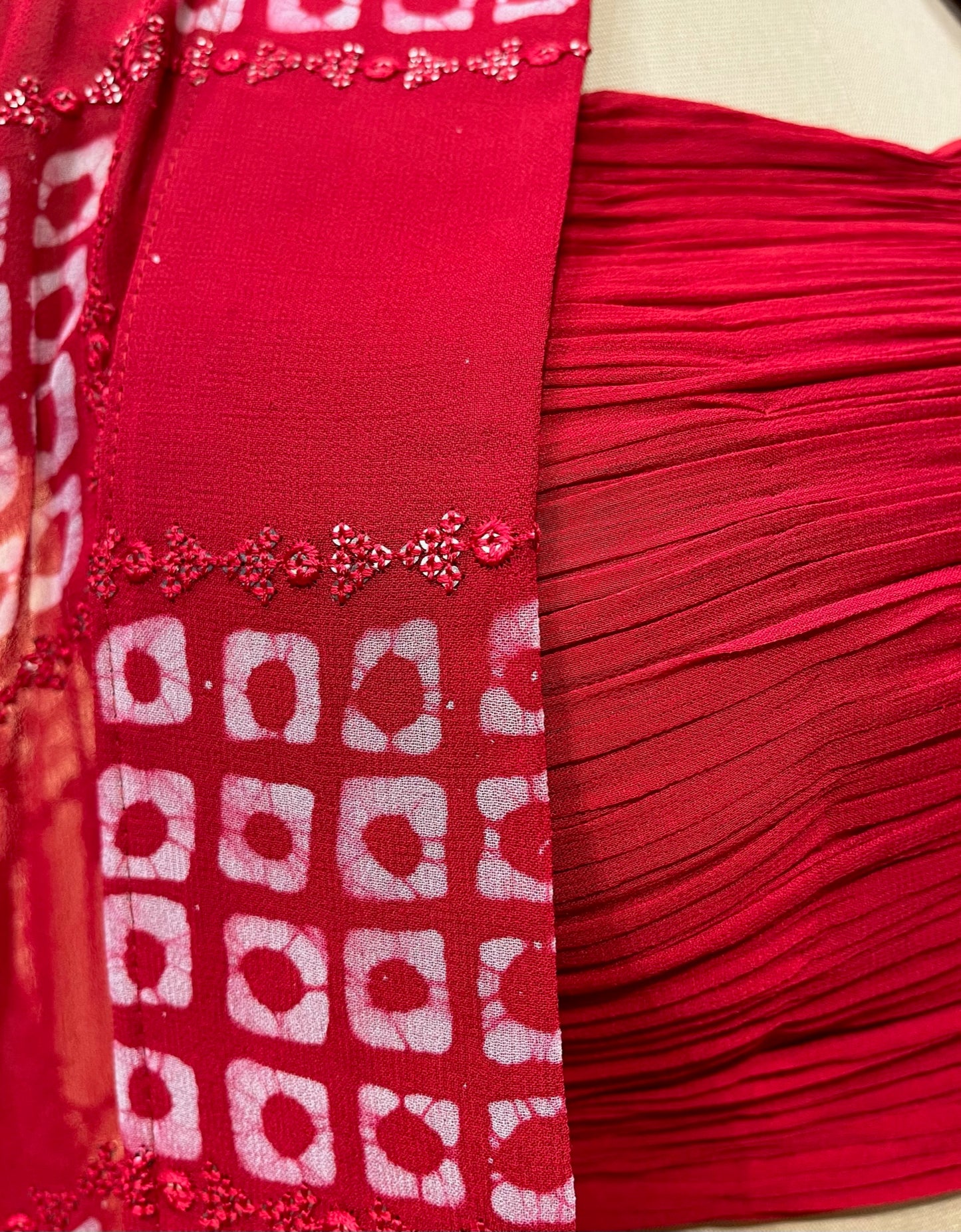 RED COLOUR GEORGETTE SKIRT WITH PLEATED CROP TOP BLOUSE & SHRUG